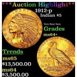 *Highlight* 1912-p Gold Indian Half Eagle $5 ms64+