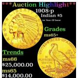 *Highlight* 1908-p Gold Indian Half Eagle $5 ms65+