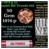 BU Shotgun Lincoln 1c roll, 1974-p 50 pcs Bank Wra