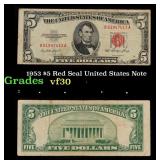 1953 $5 Red Seal United States Note Grades vf++