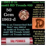 BU Shotgun Lincoln 1c roll, 1962-d 50 pcs Bank Wra