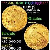 *Highlight* 1908-p Gold Indian Half Eagle $5 ms66
