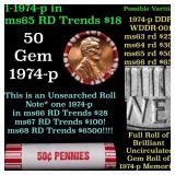 BU Shotgun Lincoln 1c roll, 1974-p 50 pcs Bank Wra