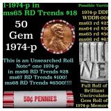 BU Shotgun Lincoln 1c roll, 1974-p 50 pcs Bank Wra