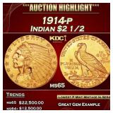 1914-p Gold Indian Quarter Eagle $2 1/2 ms65 SEGS
