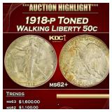 1918-p Walking Liberty Half Dollar Toned 50c ms62+