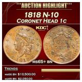 1818 Coronet Head Large Cent N-10 1c ms65+ bn SEGS