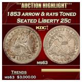 1853 arrow & rays Seated Liberty Quarter Toned 25c