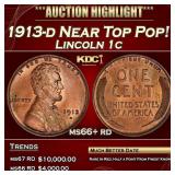 1913-d Lincoln Cent Near Top Pop! 1c ms66+ rd SEGS