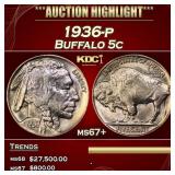 1936-p Buffalo Nickel 5c ms67+ SEGS