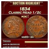 1834 Classic Head half cent 1/2c ms65+ bn SEGS