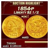 1854-p Gold Liberty Quarter Eagle $2 1/2 ms63 SEGS