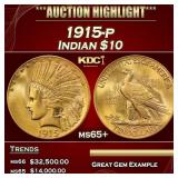 1915-p Gold Indian Eagle $10 ms65+ SEGS