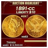 1891-cc Gold Liberty Eagle $10 ms63 USCG
