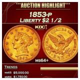 1853-p Gold Liberty Quarter Eagle $2 1/2 ms64+ SEG