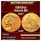 1910-d Gold Indian Half Eagle $5 ms65 USCG