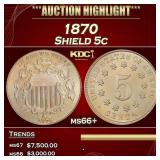 1870 Shield Nickel 5c ms66+ SEGS