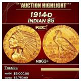 1914-d Gold Indian Half Eagle $5 ms63+ USCG