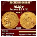 1929-p Gold Indian Quarter Eagle $2 1/2 ms65+ SEGS