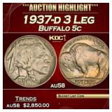 1937-d 3 Leg Buffalo Nickel 5c au58 USCG