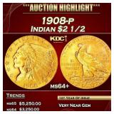 1908-p Gold Indian Quarter Eagle $2 1/2 ms64+ SEGS
