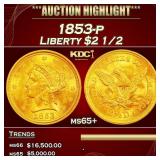 1853-p Gold Liberty Quarter Eagle $2 1/2 ms65+ SEG