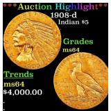 *Highlight* 1908-d Gold Indian Half Eagle $5 Choic