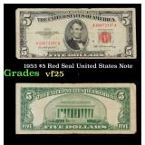 1953 $5 Red Seal United States Note Grades vf+