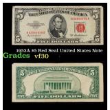 1953A $5 Red Seal United States Note Grades vf++
