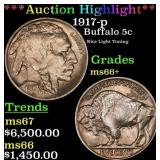 *Highlight* 1917-p Buffalo Nickel 5c ms66+ SEGS (f