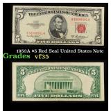1953A $5 Red Seal United States Note Grades vf++