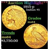 *Highlight* 1915-p Gold Indian Half Eagle $5 Choic