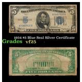 1934 $5 Blue Seal Silver Certificate Grades vf+