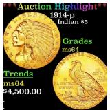 *Highlight* 1914-p Gold Indian Half Eagle $5 Choic