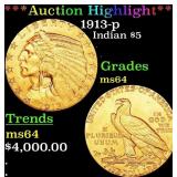 *Highlight* 1913-p Gold Indian Half Eagle $5 Choic