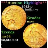 *Highlight* 1912-p Gold Indian Half Eagle $5 Choic