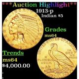 *Highlight* 1913-p Gold Indian Half Eagle $5 Choic