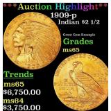 *Highlight* 1909-p Gold Indian Quarter Eagle $2 1/