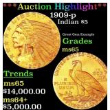 *Highlight* 1909-p Gold Indian Half Eagle $5 GEM U