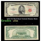 1953 $5 Red Seal United States Note Grades vf++