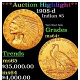 *Highlight* 1908-d Gold Indian Half Eagle $5 Choic
