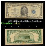 1953 $5 Blue Seal Silver Certificate Grades vf+