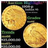 *Highlight* 1908-p Gold Indian Half Eagle $5 GEM+