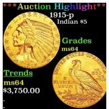 *Highlight* 1915-p Gold Indian Half Eagle $5 Choic