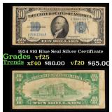 1934 $10 Blue Seal Silver Certificate Grades vf+
