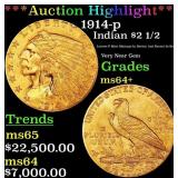 *Highlight* 1914-p Gold Indian Quarter Eagle $2 1/