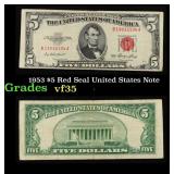 1953 $5 Red Seal United States Note Grades vf++