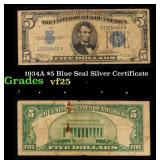 1934A $5 Blue Seal Silver Certificate Grades vf+