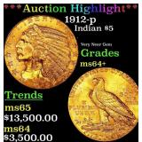 *Highlight* 1912-p Gold Indian Half Eagle $5 Choic