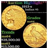 *Highlight* 1913-s Gold Indian Half Eagle $5 Choic